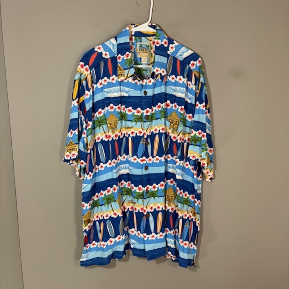 Kahala Shirt Mens 2XL Blue Surfboard Floral Hawaiian Short Sleeve Button Up Tiki